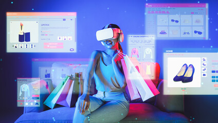 Smart female sitting on sofa while wearing VR headset connecting metaverse, future cyberspace...