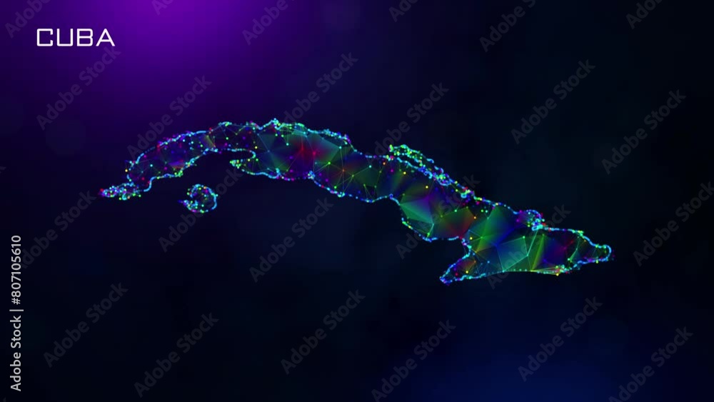 Poster futuristic motion reveal cuba map polygonal blue purple colorful connected lines and dots network wi