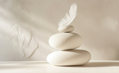 Minimalist composition of smooth, white stones piled in a gentle curve on a pale background, with a single delicate feather resting lightly among them.