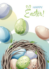 Easter greeting card template. Poster with Easter eggs in a nest. Spring cute holiday illustration. It s spring time