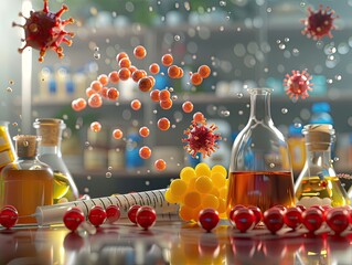 A vivid 3D illustration showing a laboratory setting with floating virus particles and scientific equipment.