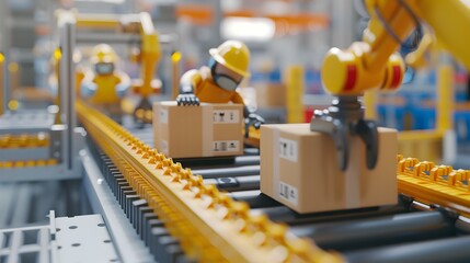 Fototapeta premium Automated Logistics Production Line with Robotic Arm and Conveyor Belt System