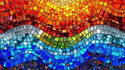   A tight shot of a multicolored stained glass window, featuring a circular light at its heart