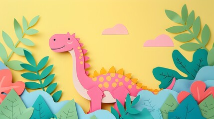 Colorful Papercut Dinosaur with Leaves on Pastel Background