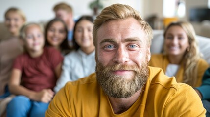   A group of people seated on a couch, one man with a beard smiles and addresses the camera