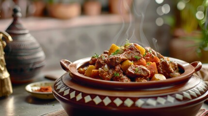 A traditional Moroccan tagine simmering with tender meat, vegetables, and aromatic spices, filling the air with irresistible fragrance.