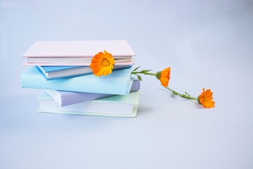 A stack of books with bookmarks from calendula flowers on a light background, copy space, back to...