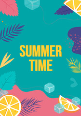 summer poster with leaves and citrus fruits, summer time flyer
