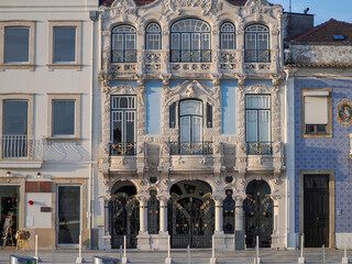 Art nuveau buildings in Aveiro pictoresque village street view, The Venice Of Portugal