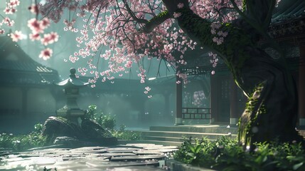 A beautiful Chinese garden with a cherry blossom tree in bloom. The delicate pink and white blossoms are set against a backdrop of lush green leaves.