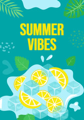 summer poster with mint leaves, citrus fruits and ice cubes, summer vibe flyer