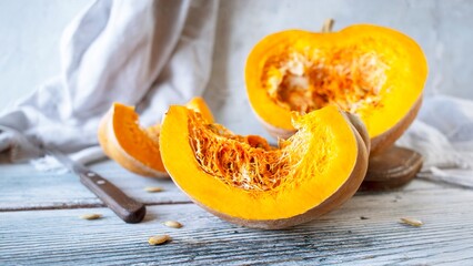 Pumpkin slices with seeds on wooden background, selective focus