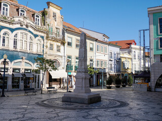 liberty monument column in Old town Main place of Aveiro pictoresque village street view, The...