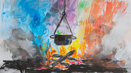 colour sketch of a wood fire, a black pot suspended above the fire from which smoke comes out, done by a 4 year old kid