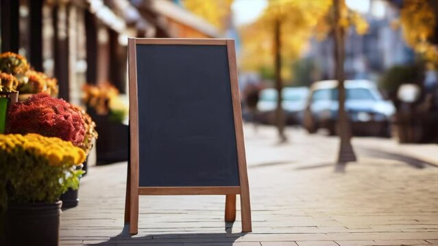 
Signboard on the street. Empty menu board stand. Restaurant sidewalk chalkboard sign board. Freestanding A-frame blackboard near flower shop ur cafe. Autumn sunny day. 