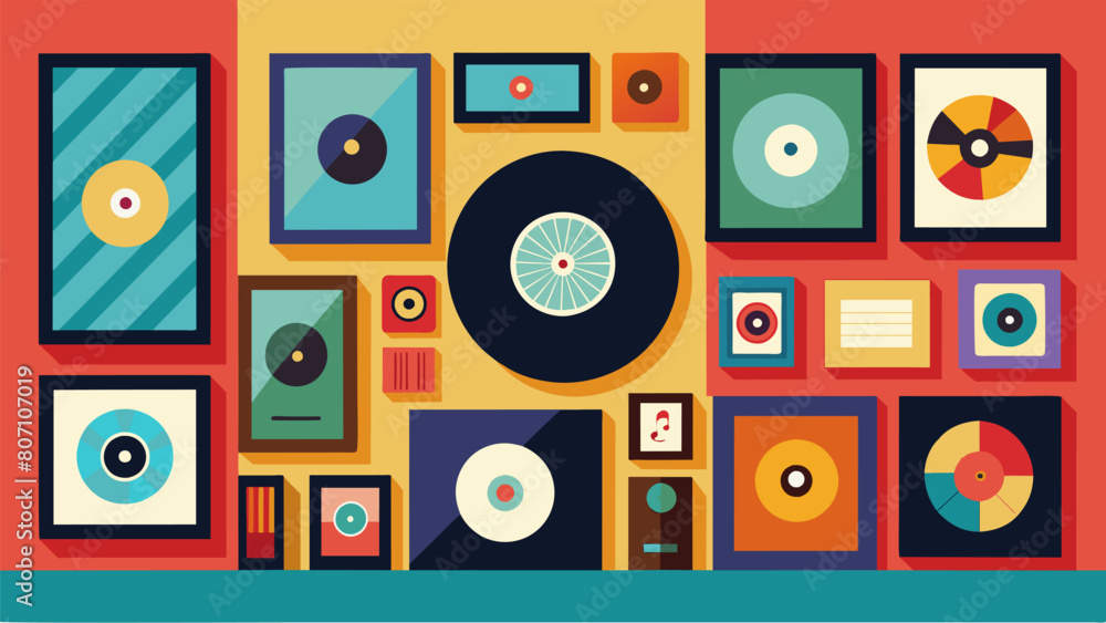 Poster a wall adorned with framed vinyl covers each one a different size and color creating an eclectic dis