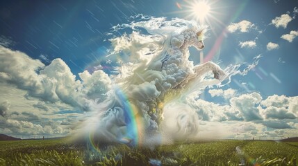 Fantasy Cloud and Rainbow Creature Dancing in Sun Shower