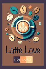 Vector vintage Cartoon Latte Love Poster with latte art cup and colorful coffee beans