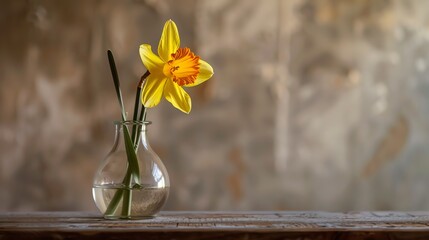 A beautiful daffodil in a glass vase is sitting on a wooden table. The daffodil is in focus, while the background is blurred.