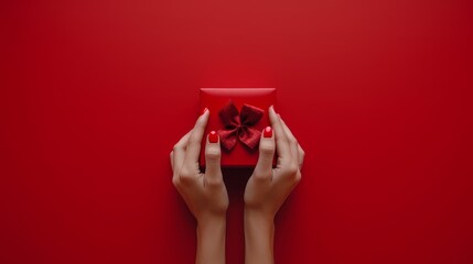   A woman's hands, clutching a red gift box before a vivid red backdrop, displaying a red bow atop it - Powered by Adobe