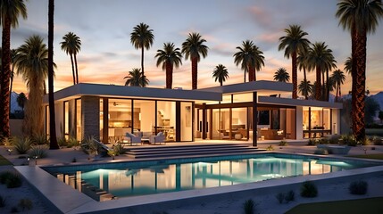 3d rendering of modern cozy house with pool and parking for sale or rent in luxurious style by the sea or ocean. Sunset with palm trees on background.