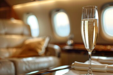 Champagne in a private jet cabin with blurred at background.