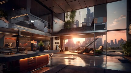 Modern office interior with panoramic view of the city at sunset