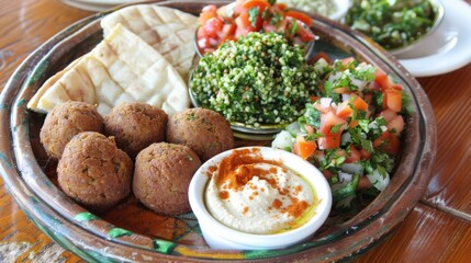 A vibrant platter of Middle Eastern meze featuring hummus, falafel, tabbouleh, and pita bread, a colorful and flavorful spread.