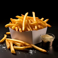 barquette de frites dores prtes manger isol,panier de frites,chip,fast,french,golden,lunch,restaurant,cardboard,recycling,break,holland,plastic,gold,oil,slice,unhealthy,junk,sauce,tomato,generate ai


