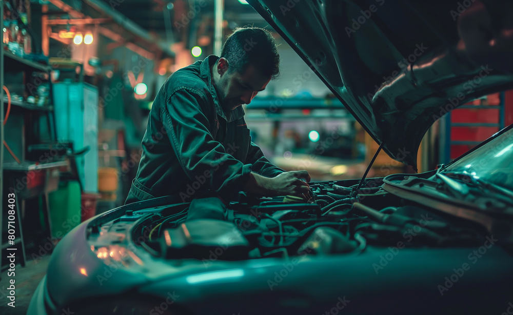 Poster auto mechanic leaning over the open hood of a car, checking the engine's fluid levels.