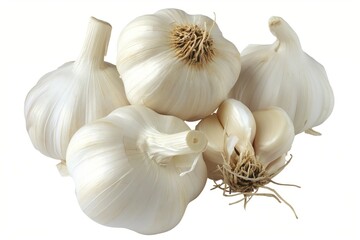 Multiple garlic bulbs with visible cloves, isolated on a white background