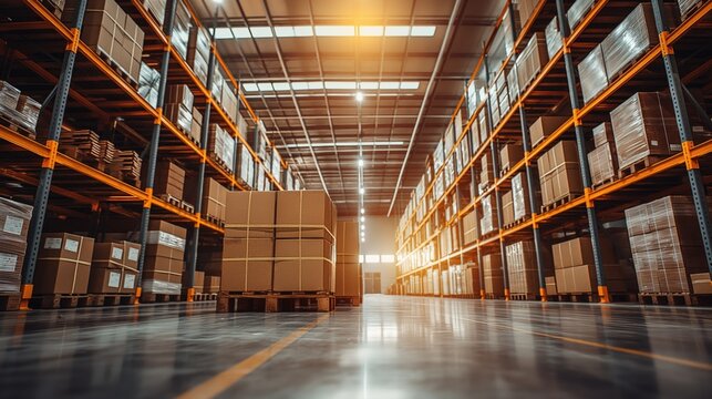 Close up photo of large logistic business transport warehouse indoors with boxes and palletes ready for transportation low angle photo