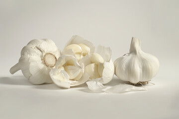 A collection of garlic bulbs with peeled cloves arranged elegantly on a light background
