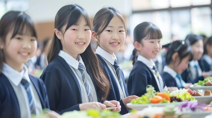   A cluster of youthful girls posed beside a laden table, brimming with salads and fruit