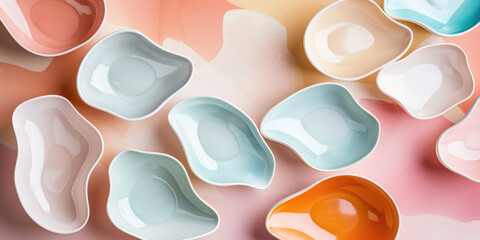 Minimalistic wallpaper background with multicolored plates in a pastel color palette.