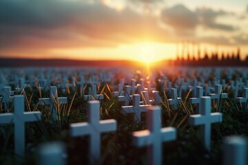 A 3D illustration depicting a field of white crosses, each representing a soldier's sacrifice, with a soft sunrise in the background conveying hope and honor.