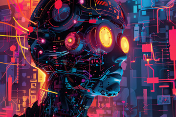 Colorful cybernetic face with intricate details against a cityscape