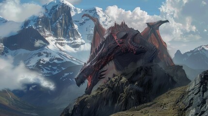 Enormous Fire-Breathing Dragon Perched on Mountain Artwork.