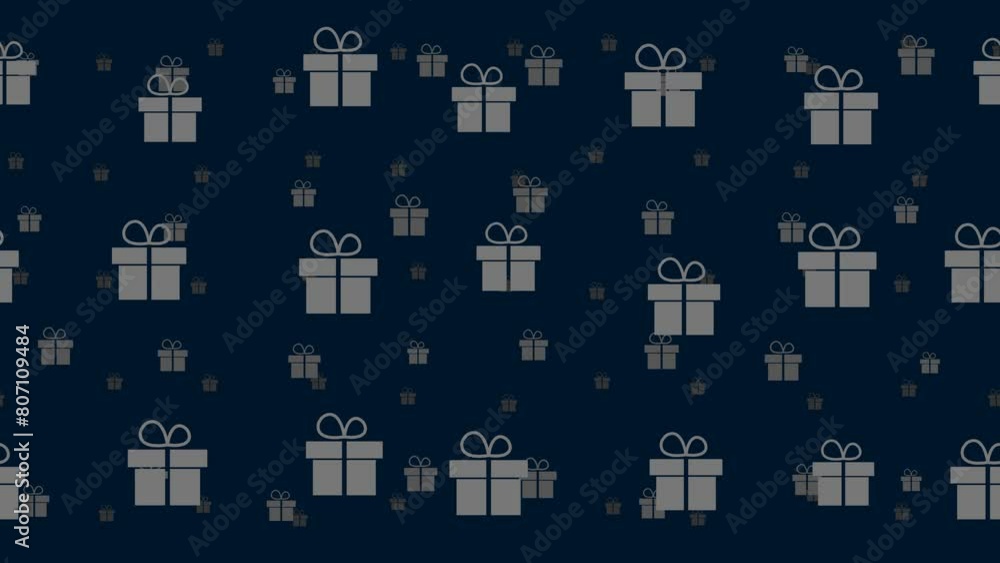 Poster gift symbols float horizontally from left to right. parallax fly effect. floating symbols are locate