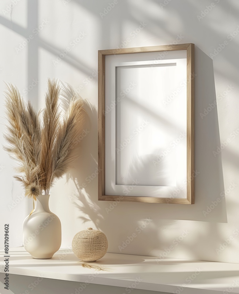 Poster 3d rendering of an empty vertical picture frame on a shelf, mockup, in the style of boho home interi