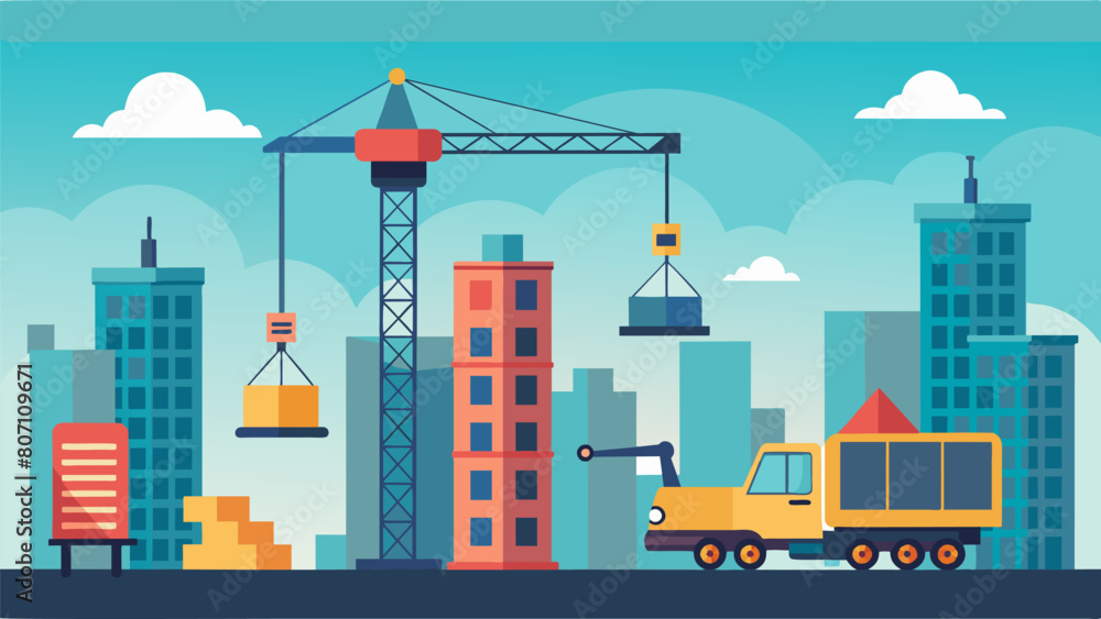 Poster cranes towering above the construction site lifting heavy materials and transporting them to differe
