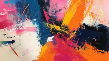 Bold brush strokes in pink, blue, orange, and black create a dramatic visual impact in a vibrant abstract painting.