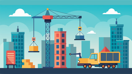 Obraz premium Cranes towering above the construction site lifting heavy materials and transporting them to different areas of the station.. Vector illustration
