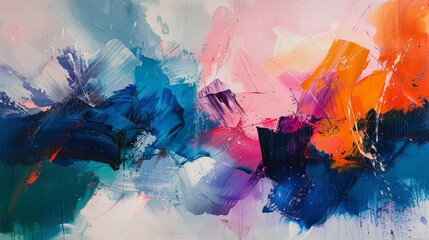 In a vibrant abstract painting, bold brush strokes of pink, blue, orange, and black combine to...