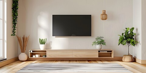 TV wall mounted with decoration in living room and white cement wall.