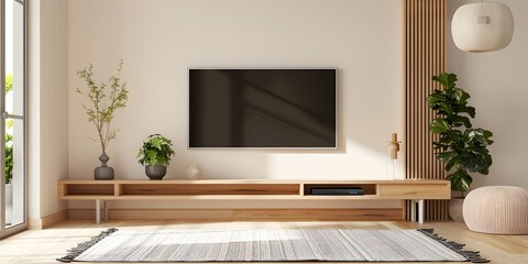 TV wall mounted with decoration in living room and white cement wall.