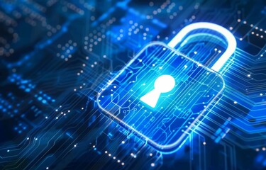 Obraz premium A digital glowing padlock icon on a circuit board pattern background