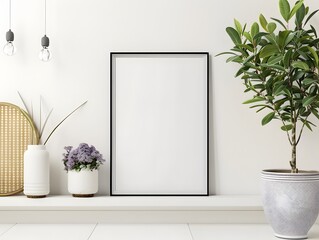  Poster mockup with vertical black frame in white wall interior background