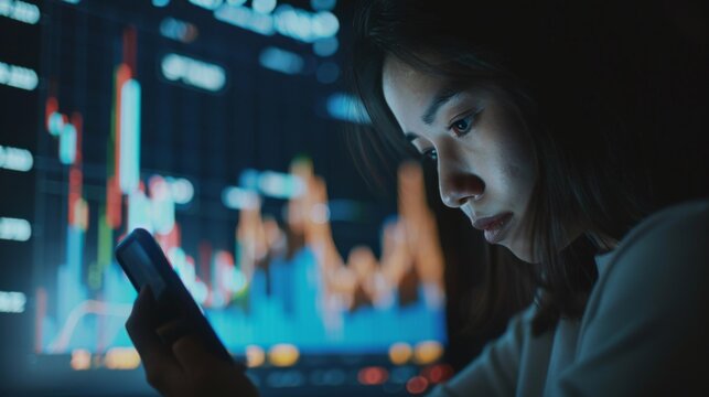 A woman using a smartphone to check real-time stock market data on a mobile app, showcasing technology and financial analysis on the go.