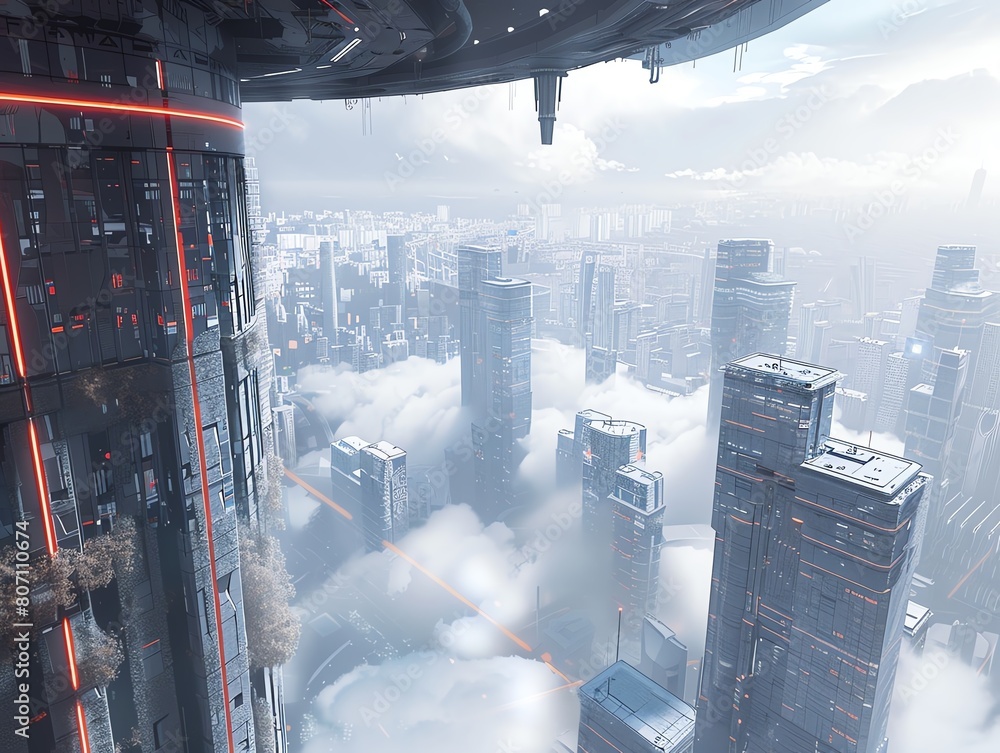 Poster illustrate a dystopian world from an unexpected camera angle using cg 3d techniques, focusing on tow